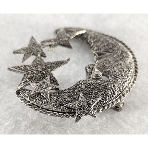 Vintage Silver Tone Crescent Moon and Stars - Picture 3 of 7